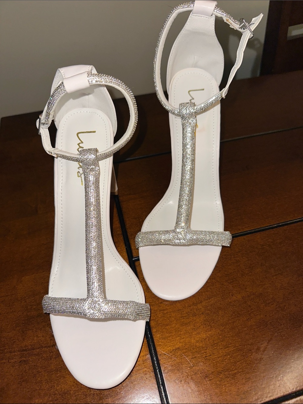 White Ankle-Strap T-Bar Heels with Silver Rhinestone Detail